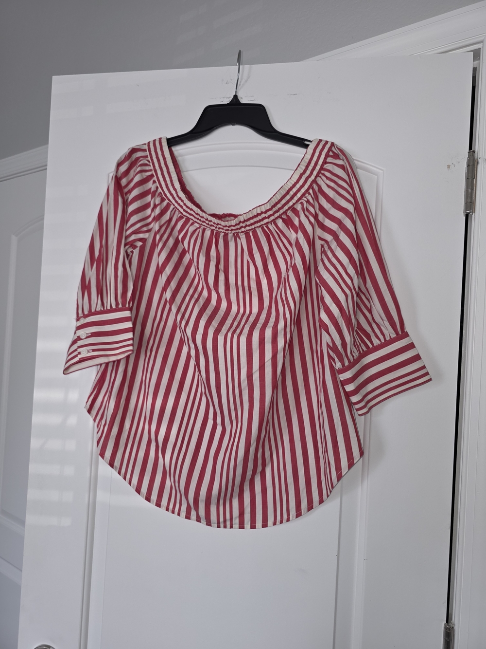 Who What Wear Pink and White Striped Off-Shoulder Blouse